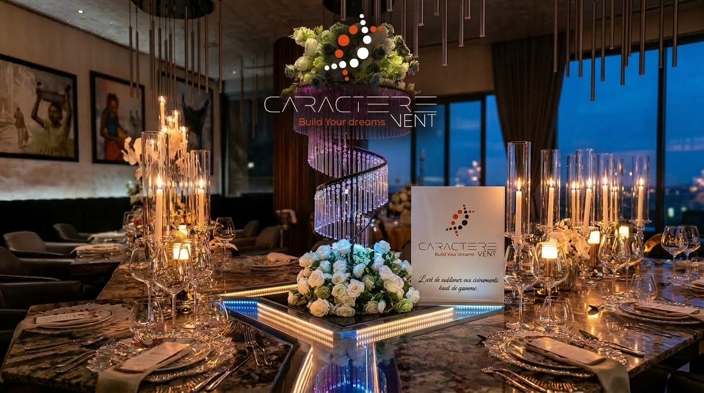 Elegant event table arrangement with a sculptural floral centerpiece